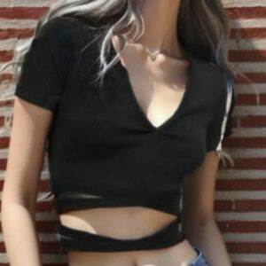 🔴 3/$15 Zara Tied Rib Top Crop Black 3253 806 M